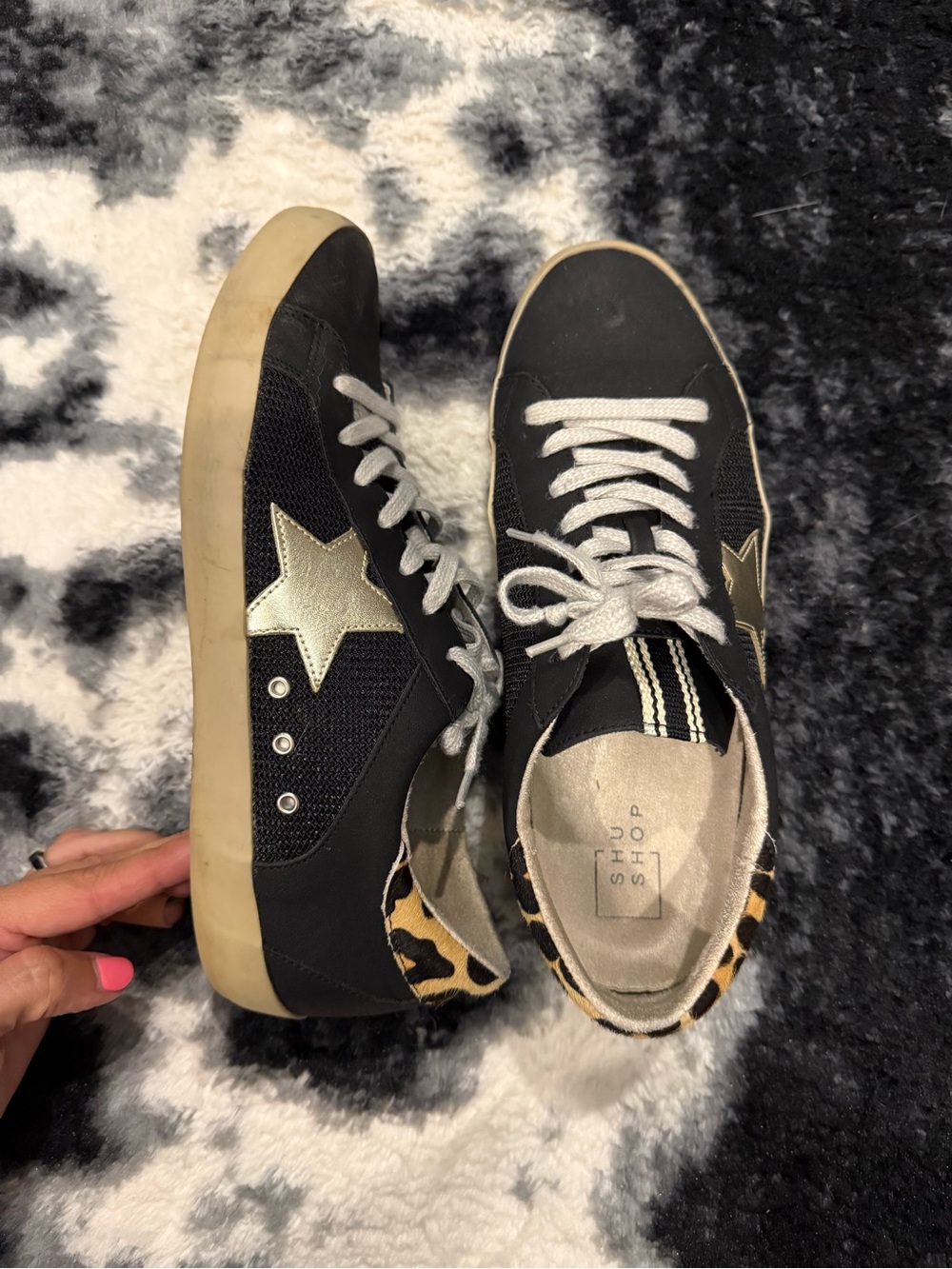 ShuShop Black Sneakers with Gold Star and Leopard Heel Accent